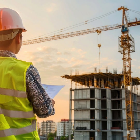 Un chef de chantier devant une immeuble en construction